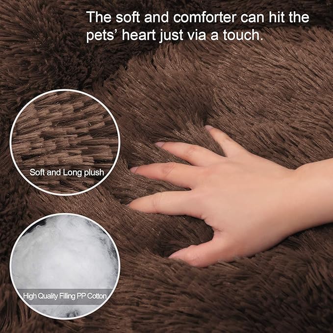 Cat Beds for Indoor Cats - Pet Beds Washable 24 inches, Dog Beds for Small Medium Dogs, Anti Anxiety Round Fluffy Plush Faux Fur Cat Bed, Thick Bottom (Coffee, Large 24" L x 24" W)