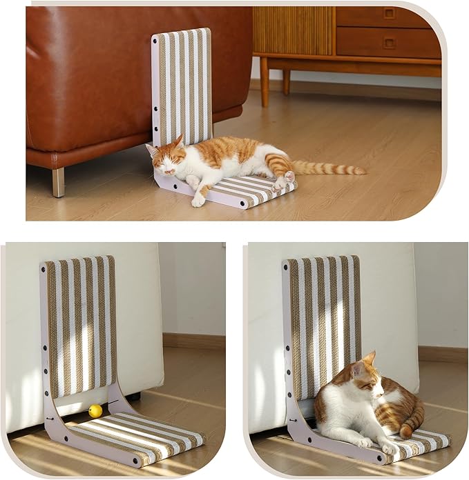FUKUMARU Cat Scratcher, 18.9 Inch L Shape Cat Scratch Pad, Strip Pattern Cats Scratching Post Wall Mounted, Cardboard Cats Scratcher with Ball Toy for Indoor Kitty, Fun Playing Box Included, M