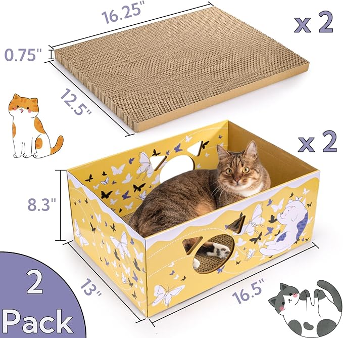 2 Pack Cardboard Cat Scratcher Boxes, 16.5 Inch Heavy Duty Cat Scratching Bed, Large Kitten Lounger with Double-Sided Scratch Pad, Hideaway House with Interactive Hole for Indoor Cats