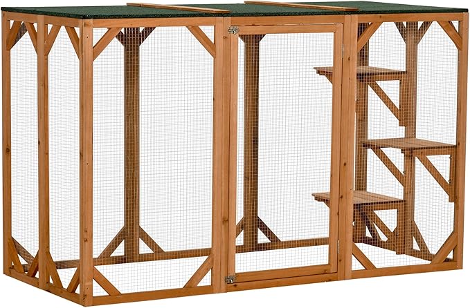 PawHut Outdoor Cat House, Catio Wooden Feral Cat Shelter, Cat Cage with Platforms, Large Enter Door, Weather Protection Asphalt Roof, 71" L, Orange