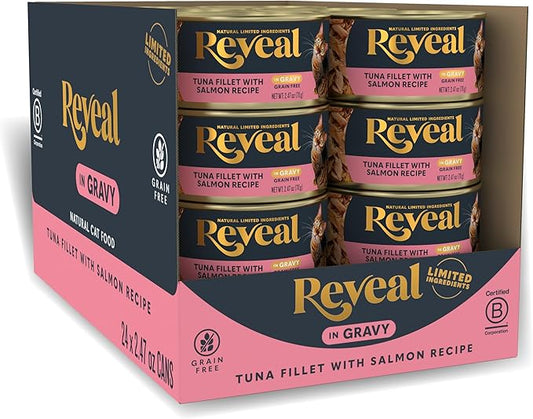 Reveal - Grain Free | Wet Canned Cat Food | 2.47oz - 24 Pack - Premium Nutrition, 100% Natural, No Additives, and Limited Ingredients (Tuna with Salmon in Gravy)