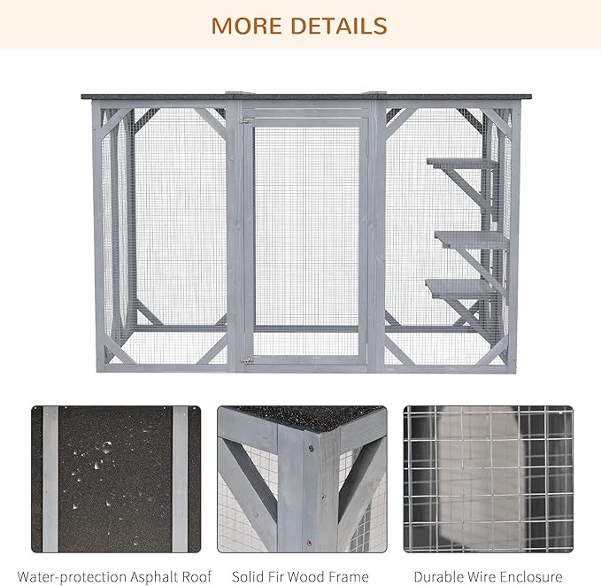 PawHut Outdoor Cat House - Wooden Feral Cat Shelter with Platforms, Large Entrance, Weather Protection Asphalt Roof, 71" L, Gray