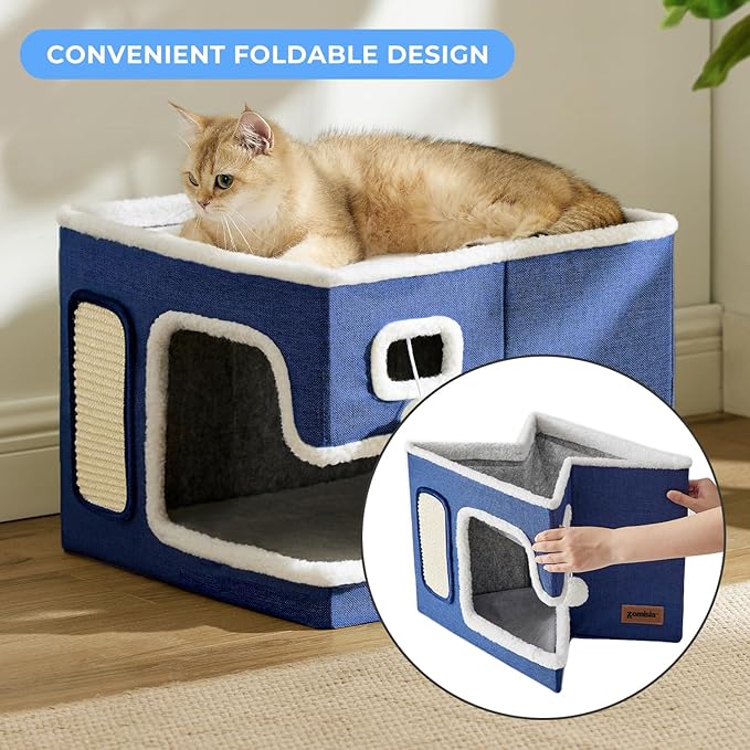 Cat Beds for Indoor Cats - Large Cat House for Pet with Fluffy Ball Hanging and Scratch Pad, Foldable Cat Hideaway,16.5x16.5x13 inches, Navy
