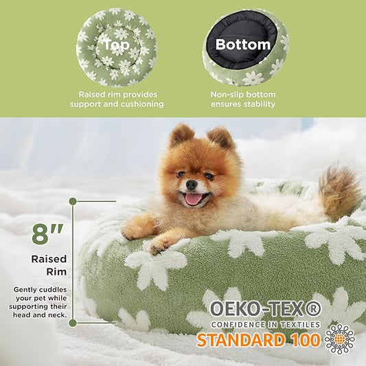 LE SURE Donut Small Dog Bed - Round Cat Beds for Indoor Cats Calming Pet Beds, Cute Modern Beds with Jacquard Shaggy Plush & Anti Slip Bottom, 27 Inch, Green