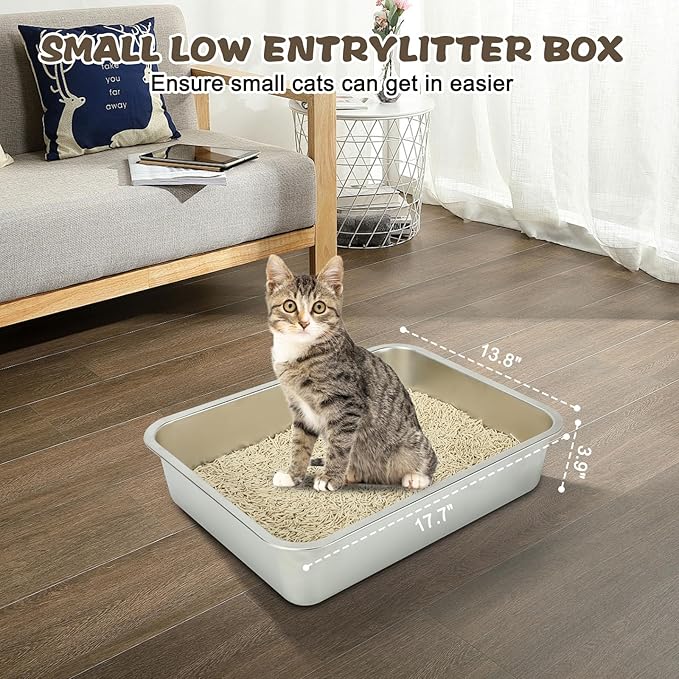 Rypet 2 Packs Stainless Steel Litter Box Metal Litter Box for Cats High Back Litter Boxes Non-Stick Cat Poop Box，Easy to Clean(17.7"*13.8"*3.9")