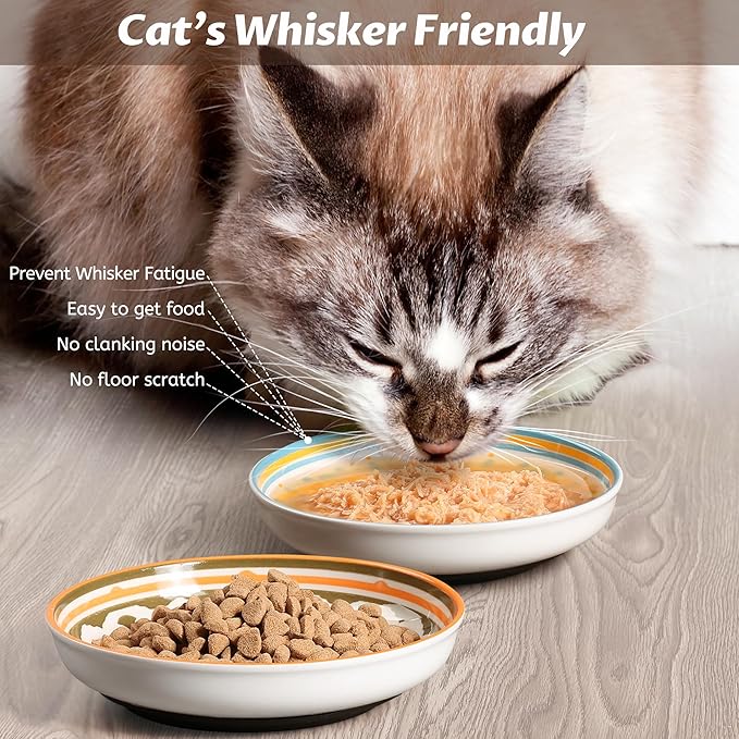 Cat Bowls, Non-Slip Ceramic Cat Food Bowl Set with Silicone Base, Whisker Friendly Cats Dishes, 6 Pack Cute Plates for Feeding Indoor Cats, Kitten, Small Dogs (Multi6, Deeper)