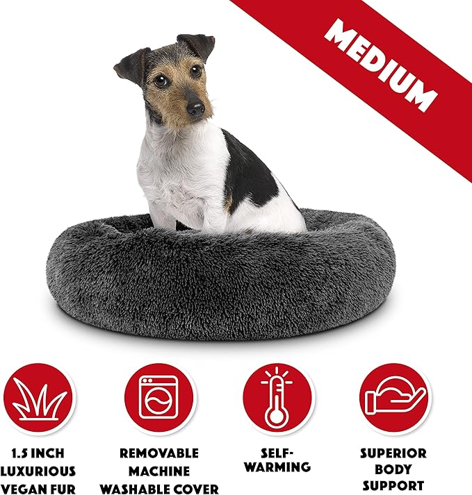 The Dog’s Bed Sound Sleep Donut Dog Bed, Med Steel Grey Fur Calming Nest Bed, Veterinary Approved