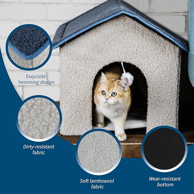 Foldable Cat House with Plush Hanging Ball - Cozy Cottage-Style Pet Bed, 18.9"x17.7"x17.3" Off-White | Slanted Roof & Arch Door for Indoor Kittens