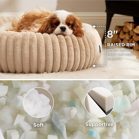 Bedsure Medium Dog Bed - Washable Faux Fur with Corduroy Fleece & Anti Slip Bottom, Round Pet Bed with Removable Cover, Sandy Tan, 30x30x8 inches