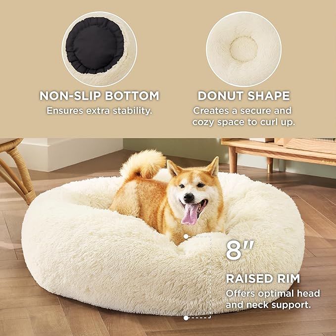 Bedsure Calming Dog Bed for Medium Dogs - Donut Washable Medium Pet Bed, Anti-Slip Round Fluffy Plush Faux Fur Cat Bed, Fits up to 45 lbs Pets, Cream, 30 inches