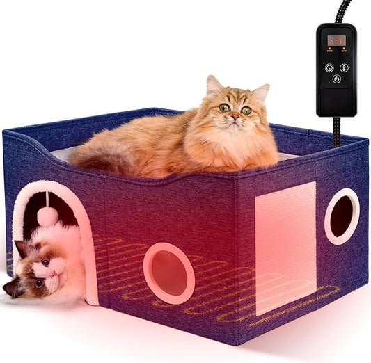 Indoor Heated Cat House, Adjustable Temperature Cat Heating Bed with Timer and Chew Resistant Cord, Large Cat House with Heating Pad for Small Medium and Large Cats