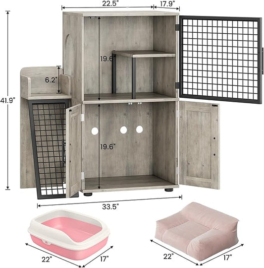 Cat Litter Box Furniture, Modern Cat Cabinet with Side Door, Double Layer Hidden Litter Box Enclosure & Pet House, Villa Style Cabinet with Side Door and Ladder for Indoor Cats