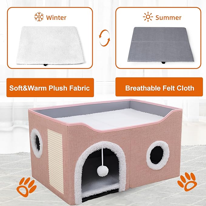 Cat Houses for Indoor Cats - Large Cat Bed Cave with Scratch Pad and Fluffy Ball, Foldable Cat Condo Hideaway with Reversible Cushion for Multi Small Pet, Pink