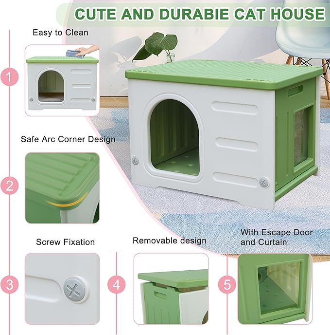 Plastic Cat House for Outdoor Indoor Use, Feral Cat Shelter Indoor Stackable Cat House Insulated Weatherproof Waterproof with Mat-Green