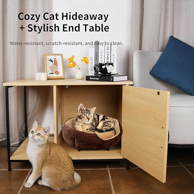 Modern Cat House Furniture with Metal Frame – 2-Tier Wood & Steel Cat Bed End Table, Hidden Cat Condo for Indoor Cats, 31.5" x 18.9" x 22", Rustic Natural Finish