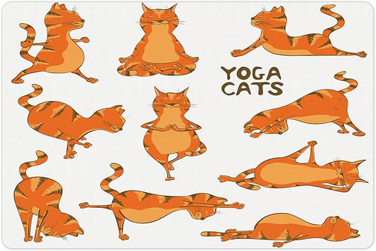 Lunarable Cat Pet Mat for Food and Water, Cats Doing Funny Fitness Exercises and Flexibility Position Sports Stretch Gymnastics, Non-Slip Rubber Mat for Dogs and Cats, 18" X 12", Orange White