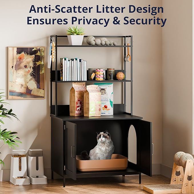 Cozy Castle Litter Box Enclosure, 57'' Cat Litter Box Furniture with Large Cabinet, Shelves and 4 S-Hooks, Hidden Cat House for Most of Litter Boxes, Wooden Pet Washroom Indoor, Black