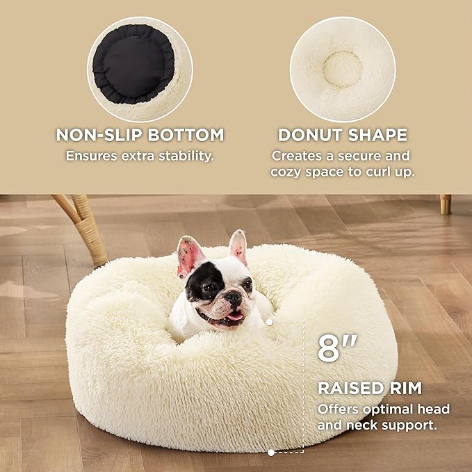 Bedsure Calming Dog Bed for Small Dogs - Donut Washable Small Pet Bed, Round Anti-Slip Fluffy Plush Faux Fur Large Cat Bed, Fits up to 25 lbs Pets, Cream, 23 inches