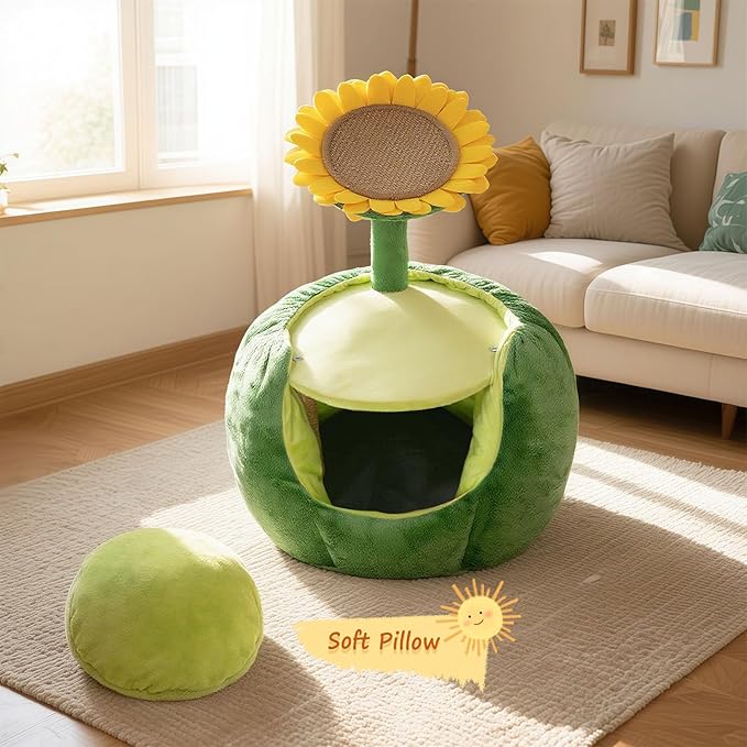 Cat Houses for Indoor Cats, Small Cat Tree with Sisal Mat and Plush Perch, Cute Cat Bed Cave with Soft Pillow, Sunflower Design