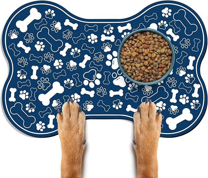 Dog & Cat Food Mat Bone Shaped Pet Feeding Mat Quick Absorb Water Bowl Placemat with Rubber Backing Indoor Floor Stain Resistant Pet Accessory Supplies (Blue, 16x24 Inches)
