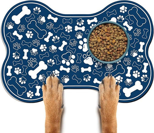 Dog & Cat Food Mat Bone Shaped Pet Feeding Mat Quick Absorb Water Bowl Placemat with Rubber Backing Indoor Floor Stain Resistant Pet Accessory Supplies (Blue, 16x24 Inches)