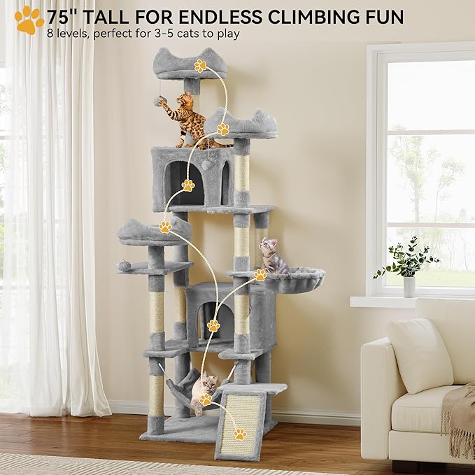 YITAHOME 75-Inch Tall Cat Tree Indoor: Multi-Level Kitten Tower with Kitty Condos, Top Perches, Sisal Ramp, Scratching Posts & Cozy Basket Hammocks Pet Play House Light Gray