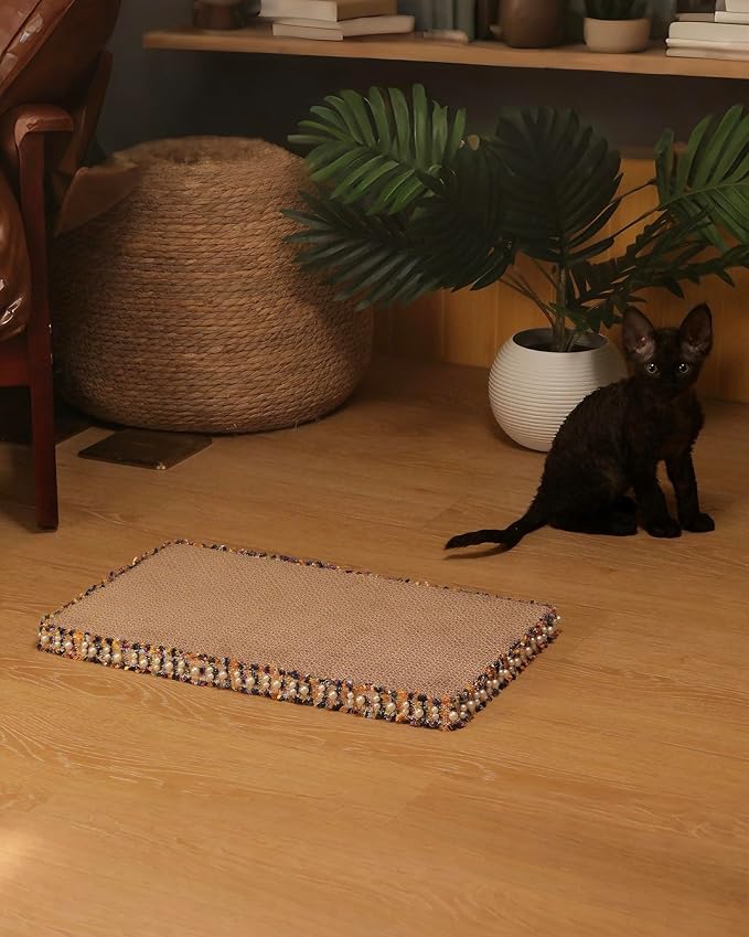 Navy Blue Cat Scratch Pad, Stylish Boho Lace with Pearl Large Cardboard Cat Scratcher, Cat Scratchers for Indoor Cats, Durable Cat Scratching Board, Horizontal Scratch Pad for Cats