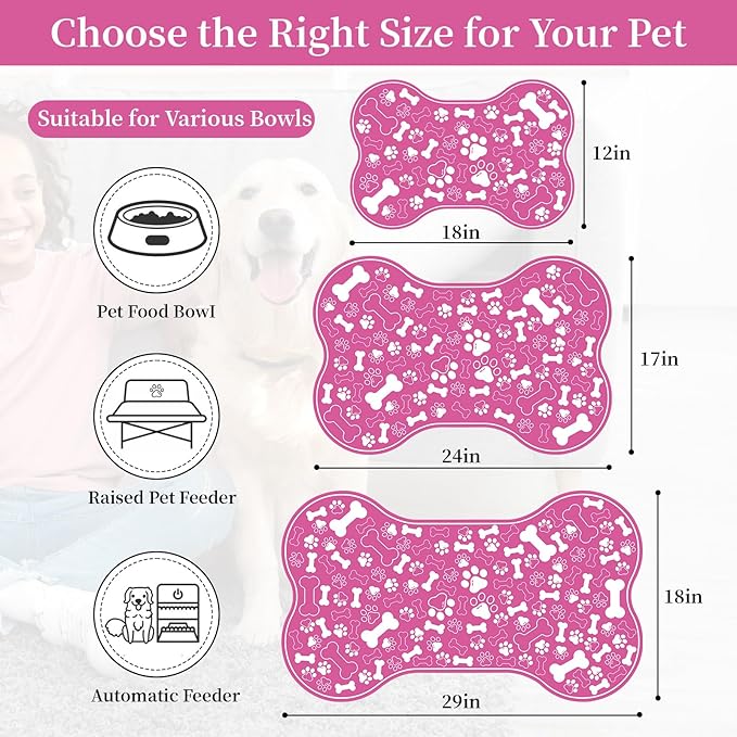 Dog & Cat Food Mat Bone Shaped Pet Feeding Mat Quick Absorb Water Bowl Placemat with Rubber Backing Indoor Floor Stain Resistant Pet Accessory Supplies (Pink, 16x24 Inches)