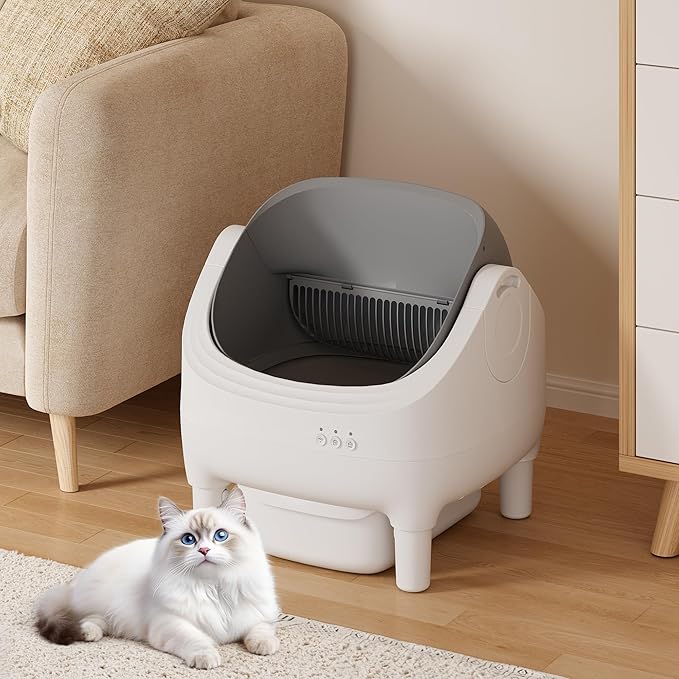 Greesum Automatic Self-Cleaning Litter Box for Cats - Open-Top Design, Easy Odor Control, Smart APP Control, 15L Large Waste Bin, Includes Trash Bags & Mat (Grey)