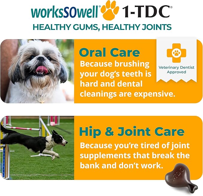 1TDC WorksSoWell Dual Action Joint Supplement for Dogs & Cats - Hip and Joint Supplement for Large Breed & Small Breed - Also Great for Oral Health - Muscle & Stamina Recovery & Arthritis - 30ct