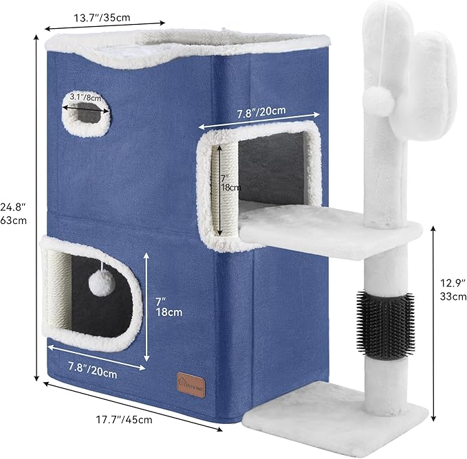 YITAHOME 2 Storey Cat House, Cat Beds for Indoor Cats, Small Cat Condo with Highway Cave, Scratch & Itching Post, Clmibing Stand, Modern Cat Cube Playhouse for Multi Kittens, Blue