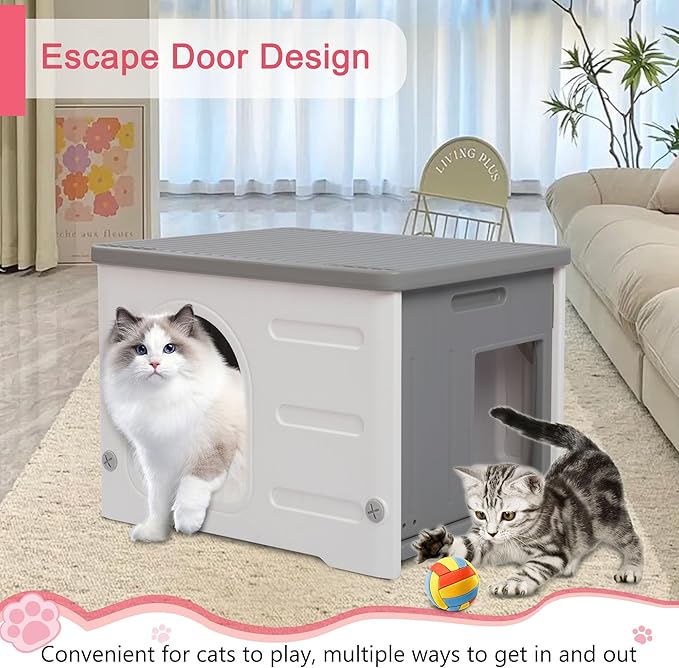Plastic Cat House Outdoor & Indoor, Waterproof Feral Cat Houses with Escape Door, Sturdy Outdoor Cat House with Bed Mat, Outside Cat Shelter for Small Pet, Assemble and Clean Easily-Grey
