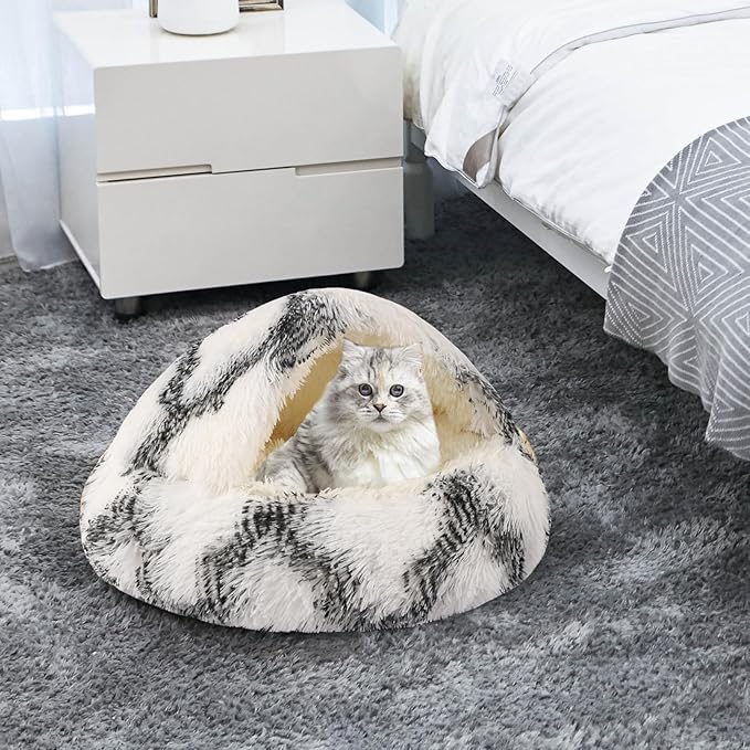 Round Hooded Cat & Dog Bed with Cover Cave, Faux Fur Cuddler, Self Warming Donut Bed (Grey White, 20" x 20")