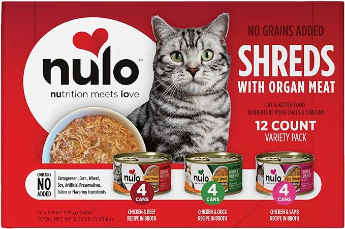 Nulo Real Shreds with Organ Meat Wet Canned Cat Food, Variety Flavors, 2.8 Ounce, 12 Cans