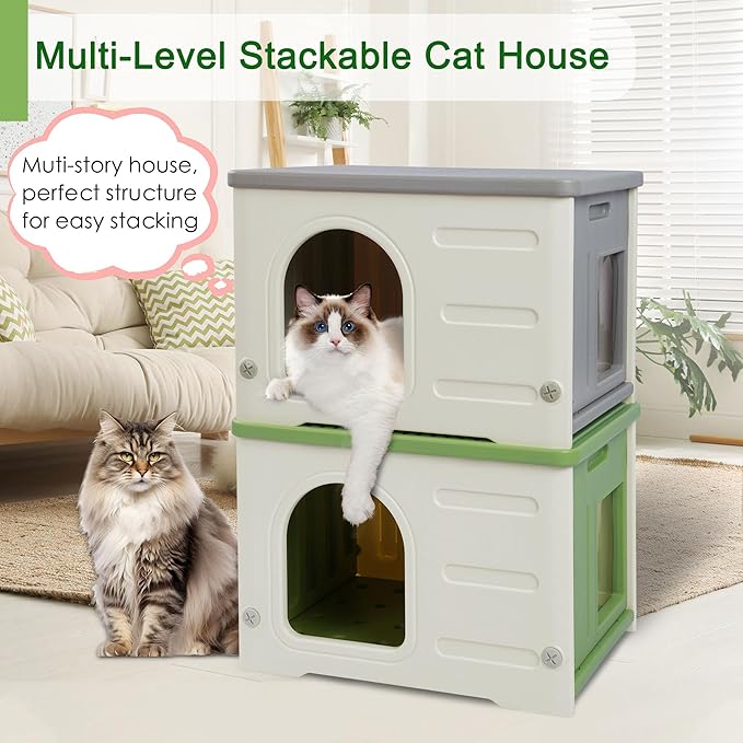 Plastic Cat House for Outdoor Indoor, Waterproof Outdoor Cat House with Escape Door for Feral Cats Outside Cat Shelter for Small Pet, Spacious, Assemble Easily -Green