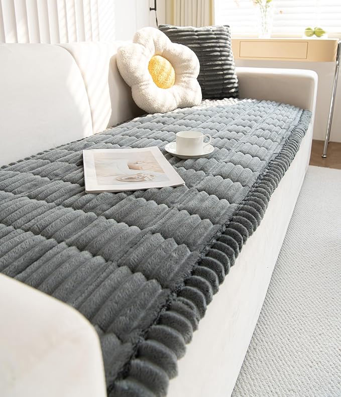 Faux Fur Plush Dog Couch Cover 3D Stripe Fuzzy Sofa Cover Non-Slip Fluffy Dog Bed Cover Pet Blanket Sofa Couch Furniture Protector for Puppy Large Dog Cat (Dark Grey,35"x82")