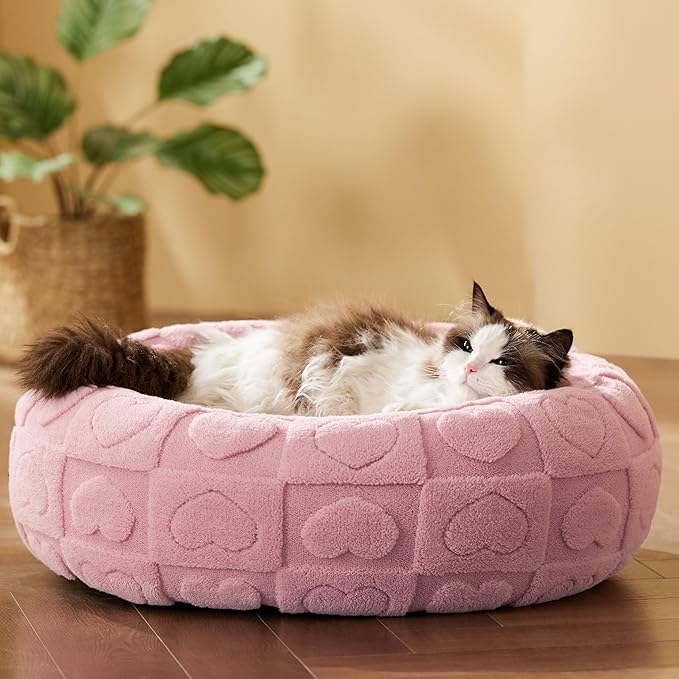 Bedsure Cat Beds for Indoor Cats - Donut Dog Beds for Small Dogs Puppy Kitten with Anti Slip Bottom, Round Sherpa Pet Beds with Washable Removable Cover, Pink, 20x20x6 inches