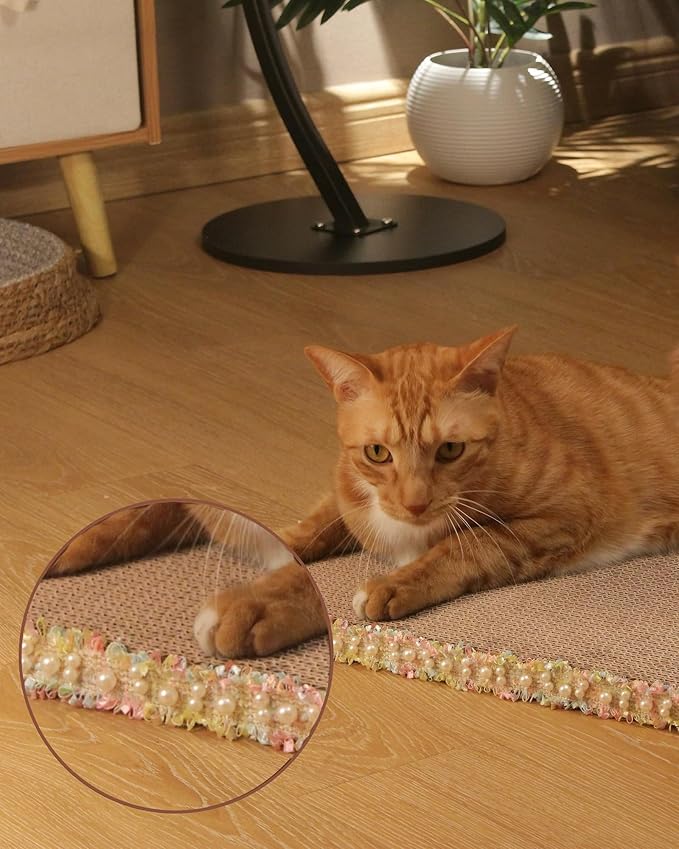 Primrose Yellow Cat Scratch Pad, Stylish Boho Lace with Pearl Large Cardboard Cat Scratcher, Cat Scratchers for Indoor Cats, Durable Cat Scratching Board, Horizontal Scratch Pad for Cats