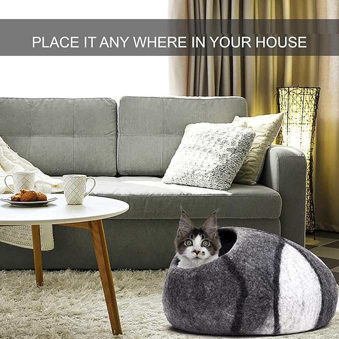 Large Wool Cat Cave Premium Felt Bed for Cats & Kittens Pet House Natural 100% Merino Wool Handmade Indoor Hideaway Eco-Friendly Cove 19 Inch Diameter Round Handcrafted Dome (Large Gray White)
