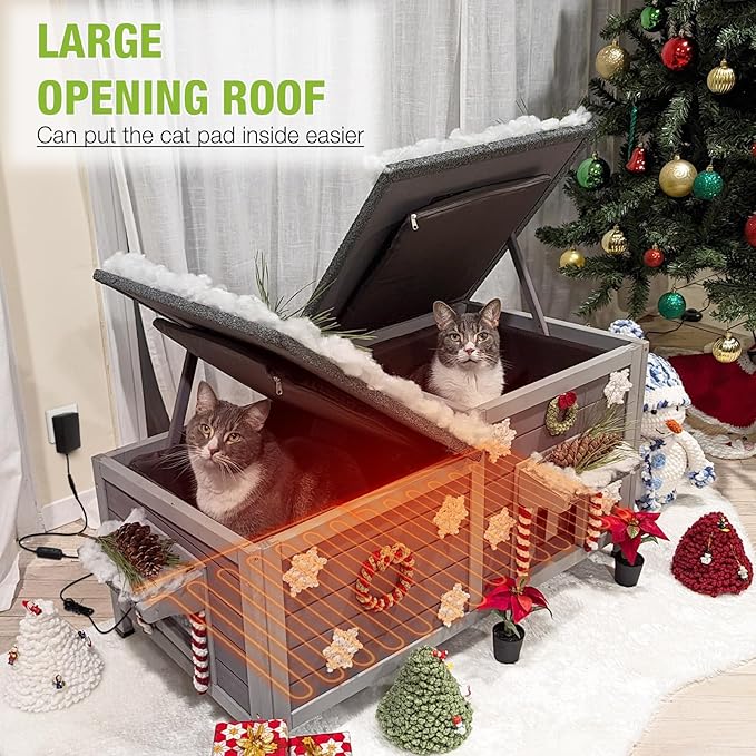 Gutinneen Heated Cat House Outdoor Feral Kitty Shelter with Insulated & Heated Liner Weatherproof Roof Cat Home for Winter,Roomly