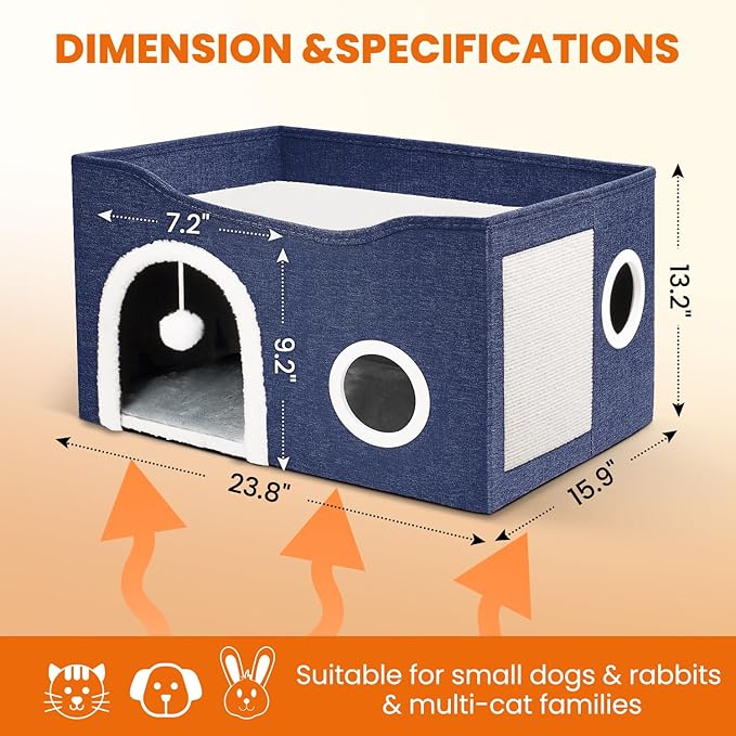 Indoor Heated Cat House, Adjustable Temperature Cat Heating Bed with Timer and Chew Resistant Cord, Large Cat House with Heating Pad for Small Medium and Large Cats