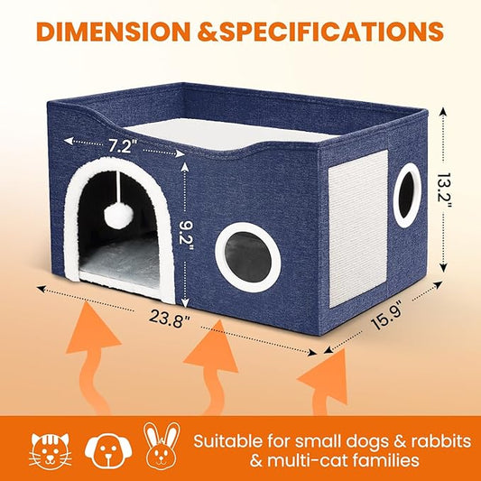 Indoor Heated Cat House, Adjustable Temperature Cat Heating Bed with Timer and Chew Resistant Cord, Large Cat House with Heating Pad for Small Medium and Large Cats
