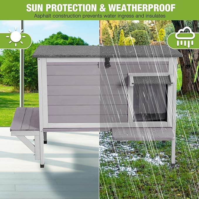 GUTINNEEN Outdoor Cat House Insulated, Weatherproof Feral Cat Shelter with Insulation Liner for Winter, Wooden Elevated Cat Condo for 1-3 Cats, 33.5" L x 21.7" W x 27.2" H (Grey)