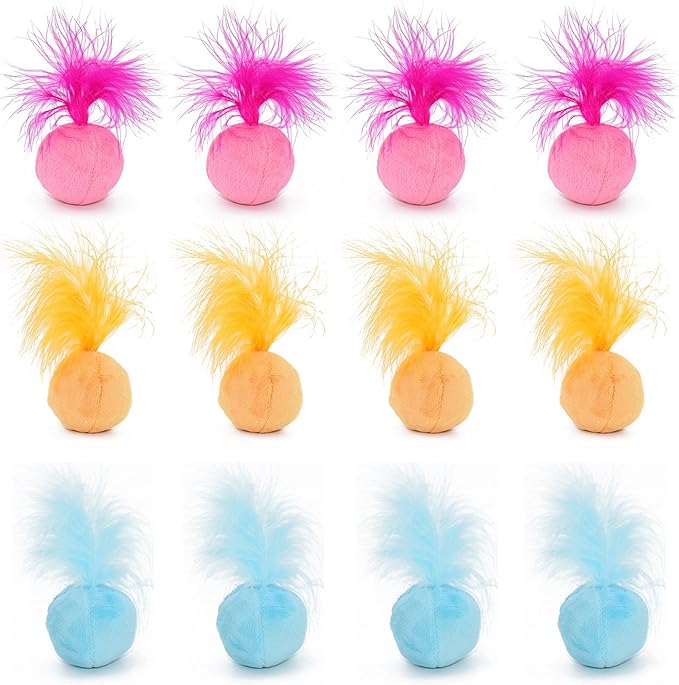 Furry Rattle Ball Cat Toy with Feather and Catnip - Interactive Pom Pom Balls for Cats, Soft and Lightweight, 2 Inch, 12 Pack.