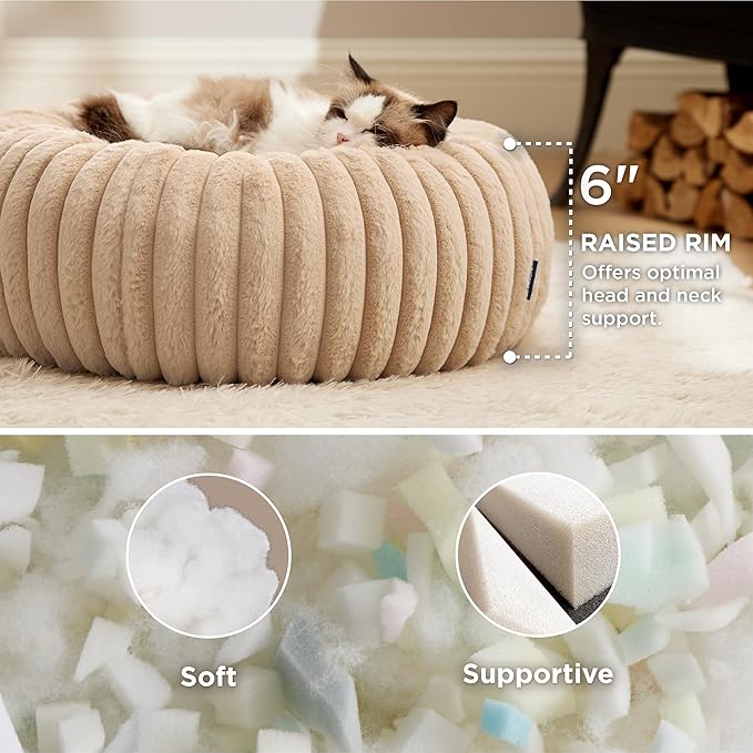 Bedsure Cat beds for Indoor Cats - Donut Dog Beds for Small Dogs with Corduroy Fleece & Anti Slip Bottom, Faux Fur Pet Beds with Washable Removable Cover, Sandy Tan, 20x20x6 inches