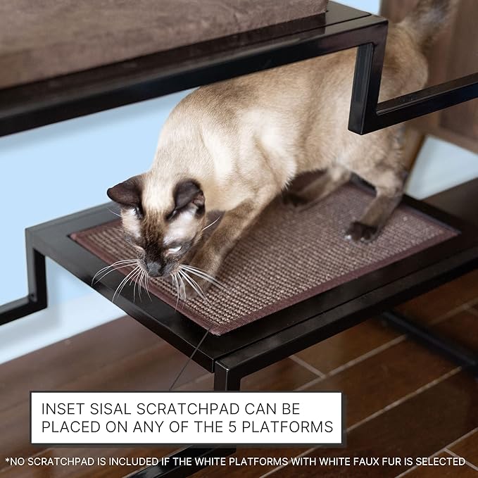 THE REFINED FELINE 62 Inch Tall Metropolitan Cat Condo, Black Metal Frame Cat Tower, Multi-Level Modern Cat Tree for Indoor Cats, Black Platforms with Brown Replaceable Cushions & Scratching Post
