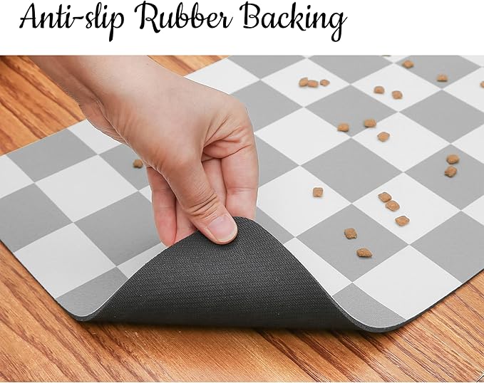 Ralxion Checkered Dog Feeding Mat, Absorbent Mats for Dog Food and Water Bowl, Dispenser, Retro Modern Aesthetic Preppy Grey Checkerboard Pet Placemat for Dogs, Cats, Puppy Accessories, 12" X19”