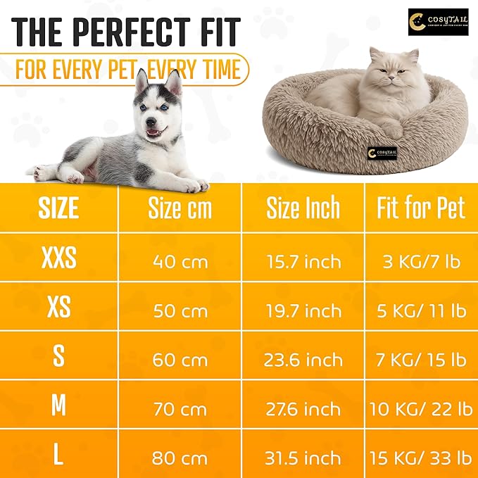 Anti-Anxiety Donut Pet Bed, Round Plush Faux Fur, Washable, Small to Medium Dogs and Cats (Brown, Large)