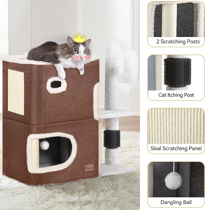 YITAHOME 2-Tier Cat House, Cat Beds for Indoor Cats, Small Cat Condo with Highway Cave, Scratch & Itching Post, Clmibing Stand, Modern Cat Cube Playhouse for Multi Kittens, Brown