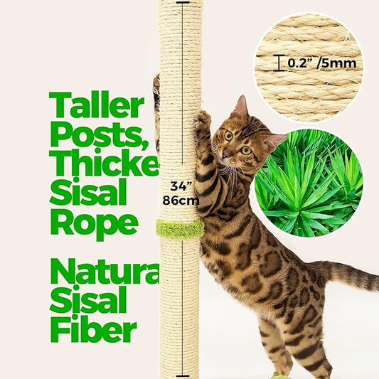 TINYBEAST 34" Tall Cat Scratching Post for Indoor Cats, Premium Natural Sisal Scratcher with Interactive Plush Toy Ball, Reinforced Stable Base for Large Adult Cats & Kittens(Grey)